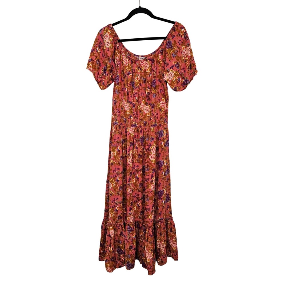 Falling Flower M Tiered Midi Dress Pink Floral Smocked Boho Cottagecore Milkmaid